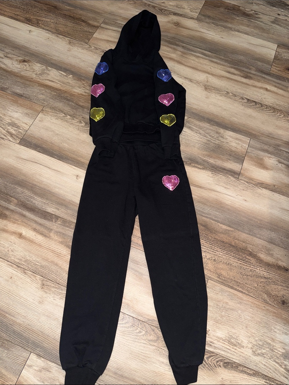 Madden Girl Black Hoodie & Joggers Set with Pink, Blue, Yellow Heart Accents